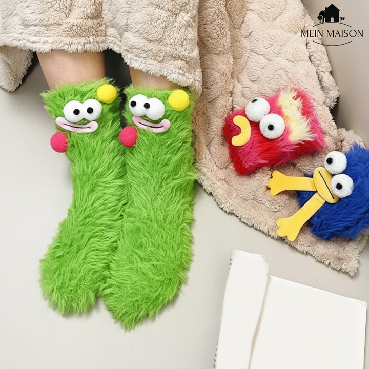 Nahaufnahme humorvoller 3D Unisex Socken mit lustigem Motiv. Ideal als warmes Geschenk.