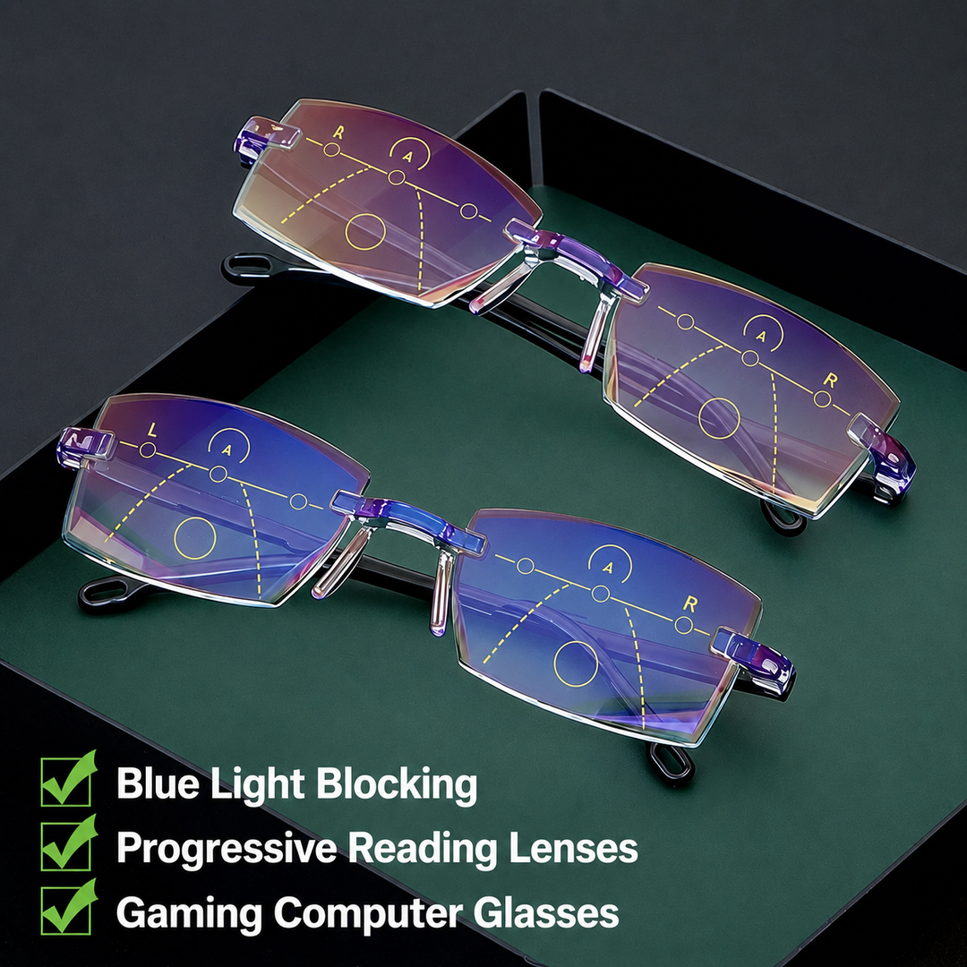 Leichte, rahmenlose Unisex Gleitsicht-Lesebrille mit Blaulichtfilter für entspannte Augen.