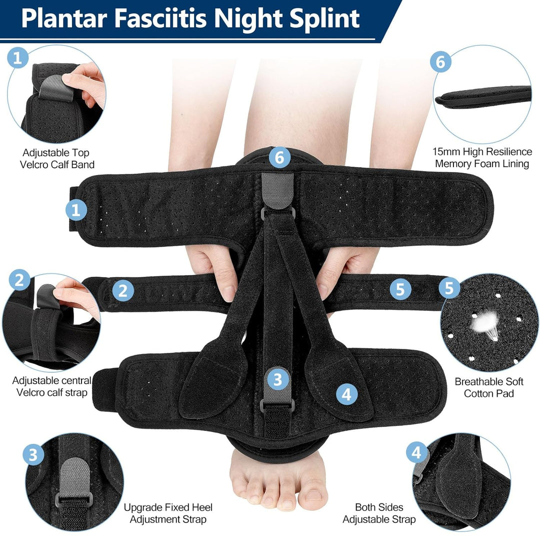 Fuß mit orthopädischer Nachtschiene, sanfte Dehnung zur Schmerzlinderung bei Plantarfasziitis und Achillessehnenentzündung.