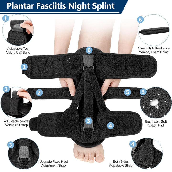 Fuß mit orthopädischer Nachtschiene, sanfte Dehnung zur Schmerzlinderung bei Plantarfasziitis und Achillessehnenentzündung.