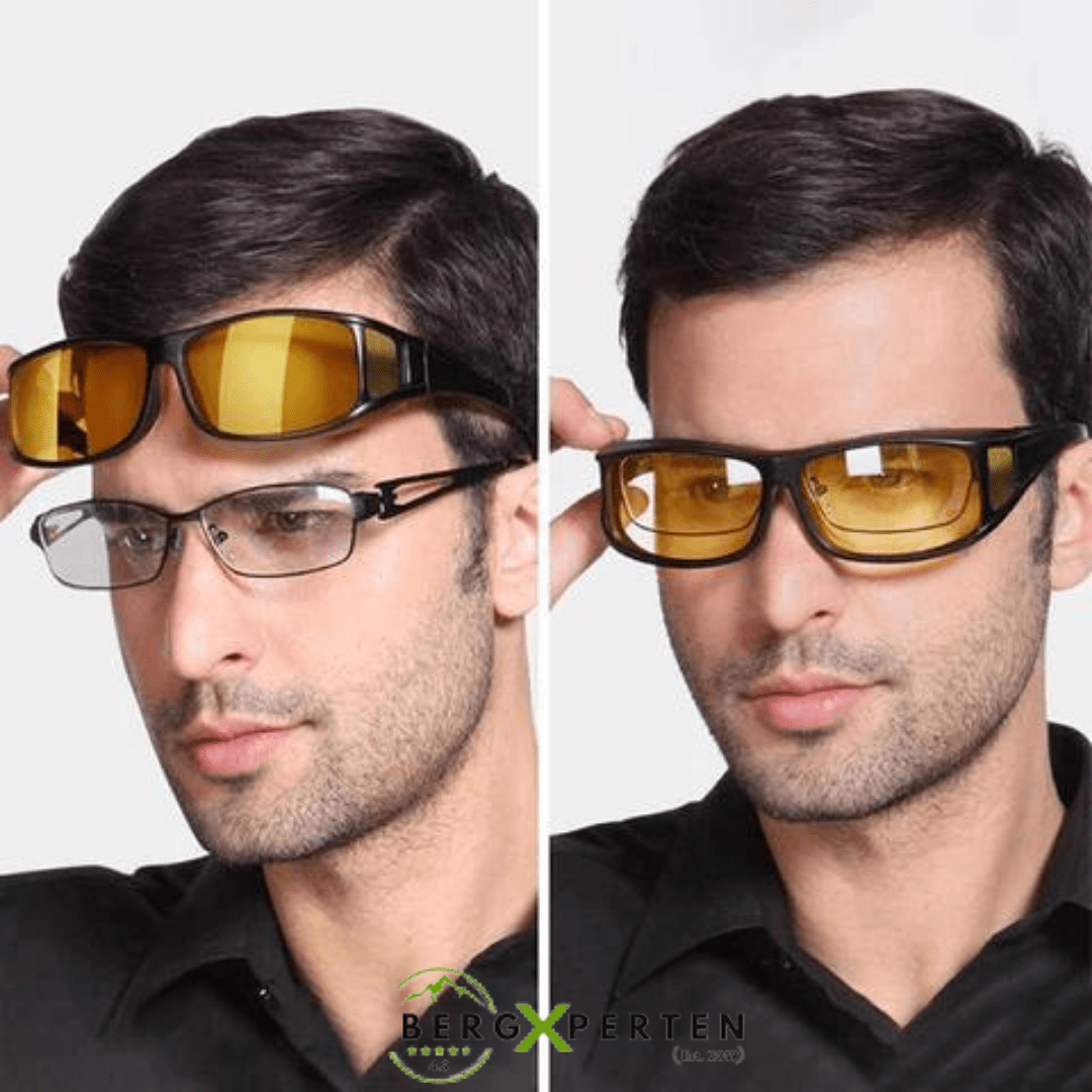 Spezielle Fahrbrille mit HD-Gläsern für verbesserte Sicht und Blendschutz bei Nebel, Regen und Dämmerung.