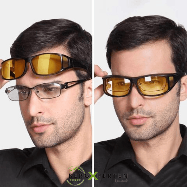 Spezielle Fahrbrille mit HD-Gläsern für verbesserte Sicht und Blendschutz bei Nebel, Regen und Dämmerung.