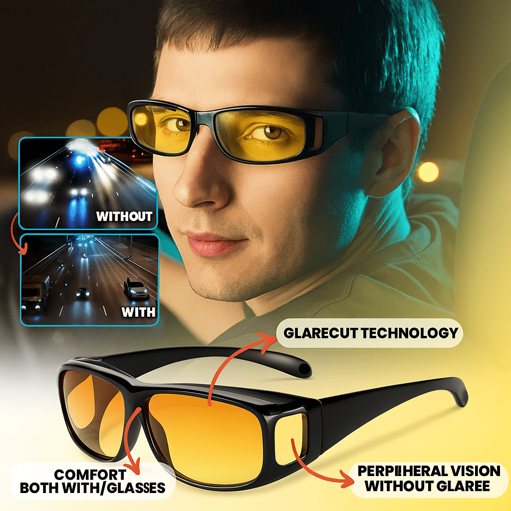 Person fährt mit Unisex-Nachtsichtbrille bei Dunkelheit. HD-Gläser bieten Blendschutz und klare Sicht für Sicherheit.