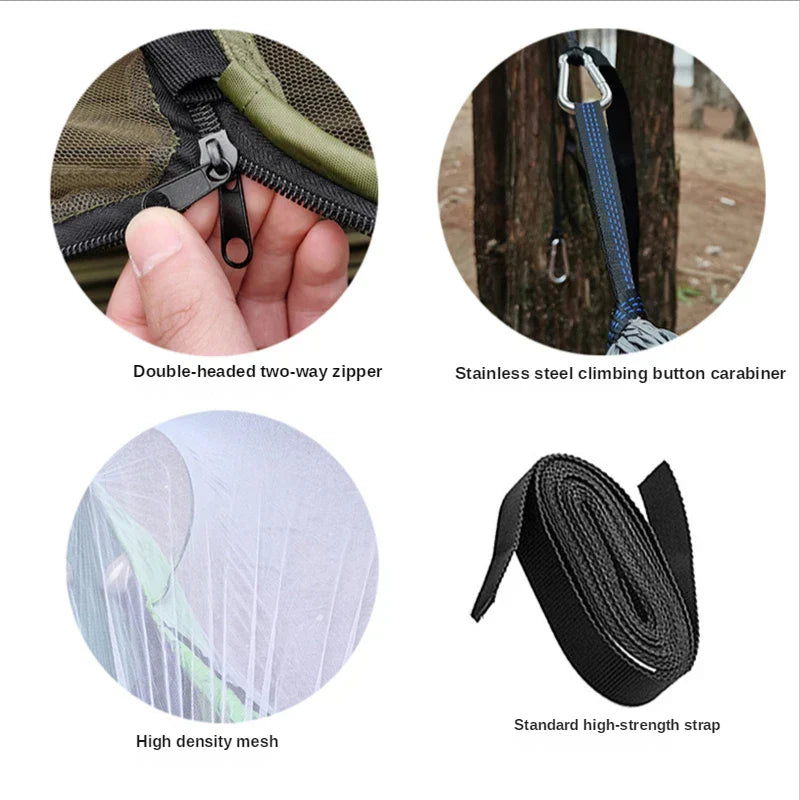 Unisex-Camping-Hängematte aufgehängt zwischen Bäumen im Wald; robust, mit Moskitonetz, bereit für Abenteuer.
