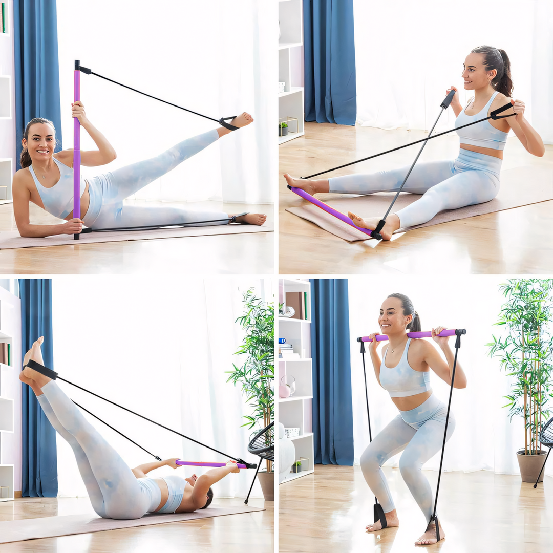 Die Unisex Pilates-Stange liegt bereit auf einer Gymnastikmatte für das nächste Heimtraining & Fitness-Workout.
