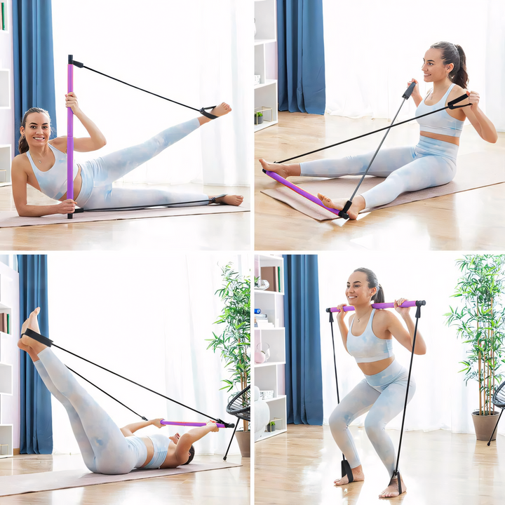 Die Unisex Pilates-Stange liegt bereit auf einer Gymnastikmatte für das nächste Heimtraining & Fitness-Workout.