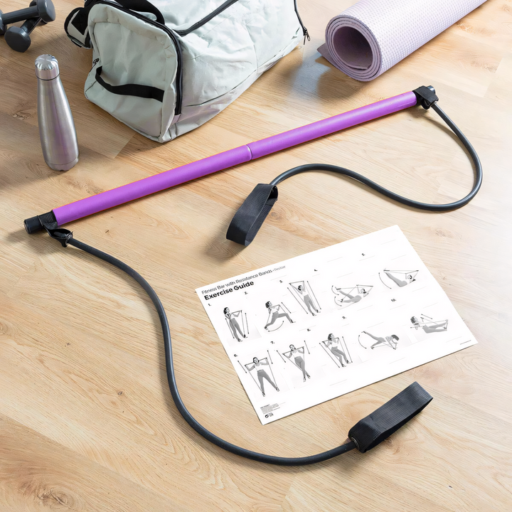 Kompakte Pilates-Stange mit Widerstandsbändern, perfekt für einfaches Verstauen & mobiles Fitness-Training.