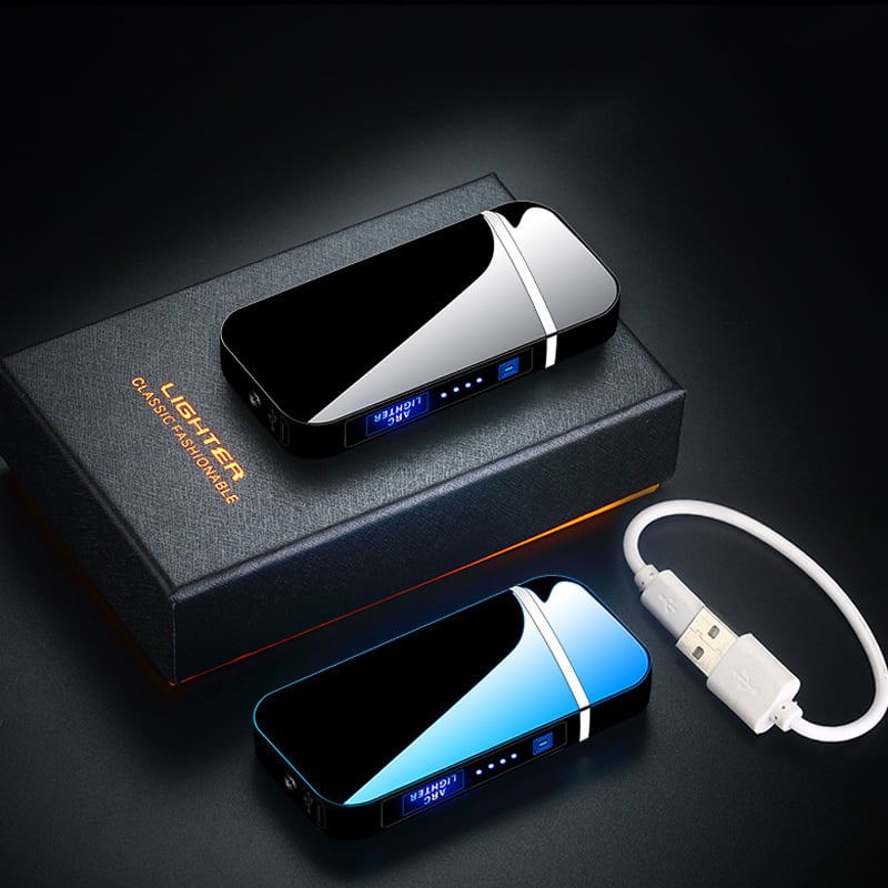Von oben gesehenes Plasma-Lichtbogen Feuerzeug, modern, elektrisch, winddicht, USB-aufladbar, unisex.