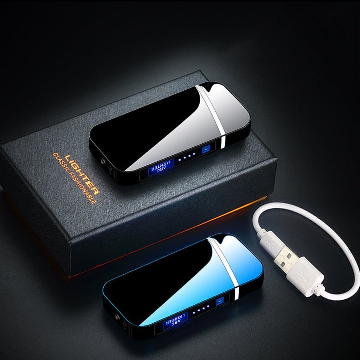 Von oben gesehenes Plasma-Lichtbogen Feuerzeug, modern, elektrisch, winddicht, USB-aufladbar, unisex.
