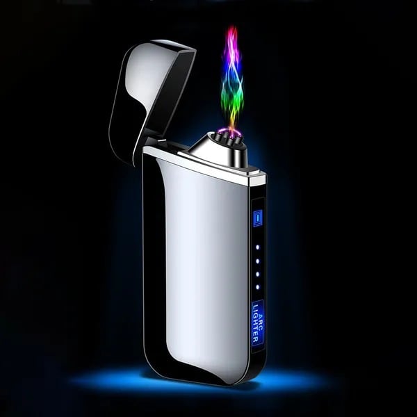 Nahaufnahme des hellen Plasma-Lichtbogens, winddichtes elektrisches Feuerzeug, USB-wiederaufladbar. Modern.