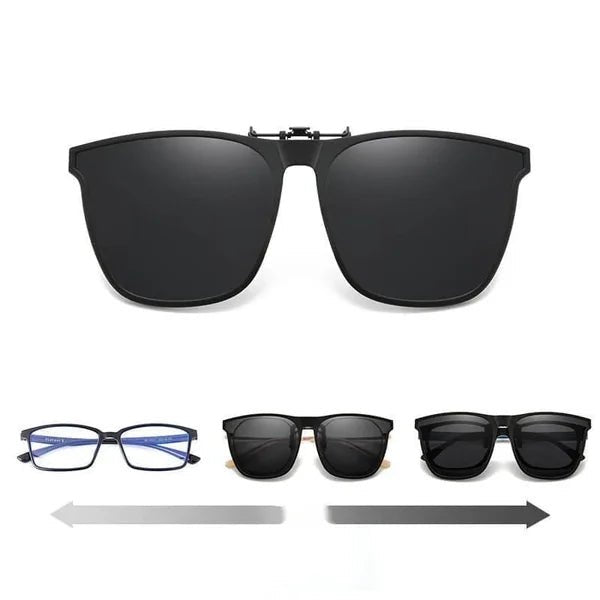 Leichter, klappbarer Clip-on Brillenaufsatz, polarisiert & UV-geschützt; ideal für blendfreie Sicht unterwegs.