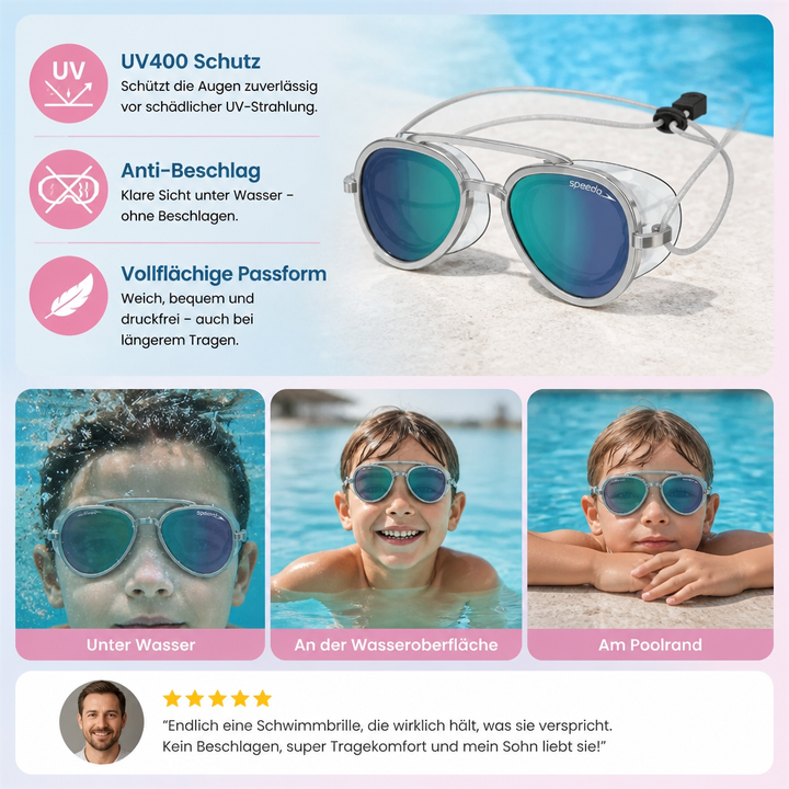 Stilvolle Unisex Schwimmbrille in Aviator-Form mit breitem Sichtfeld für optimalen Unterwasserblick.