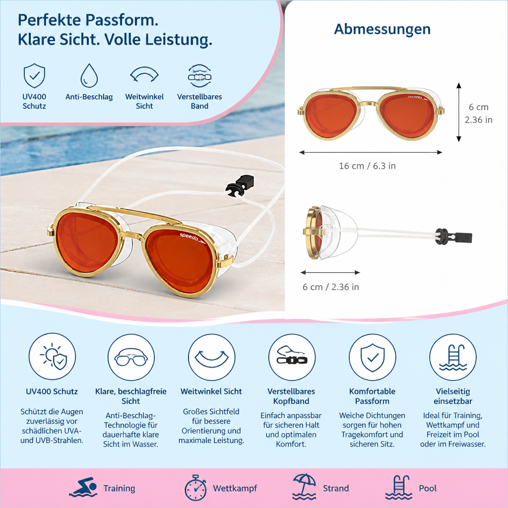 Komfortable Schwimmbrille für Männer & Frauen, mit verstellbarem Band, passend für jede Kopfgröße.