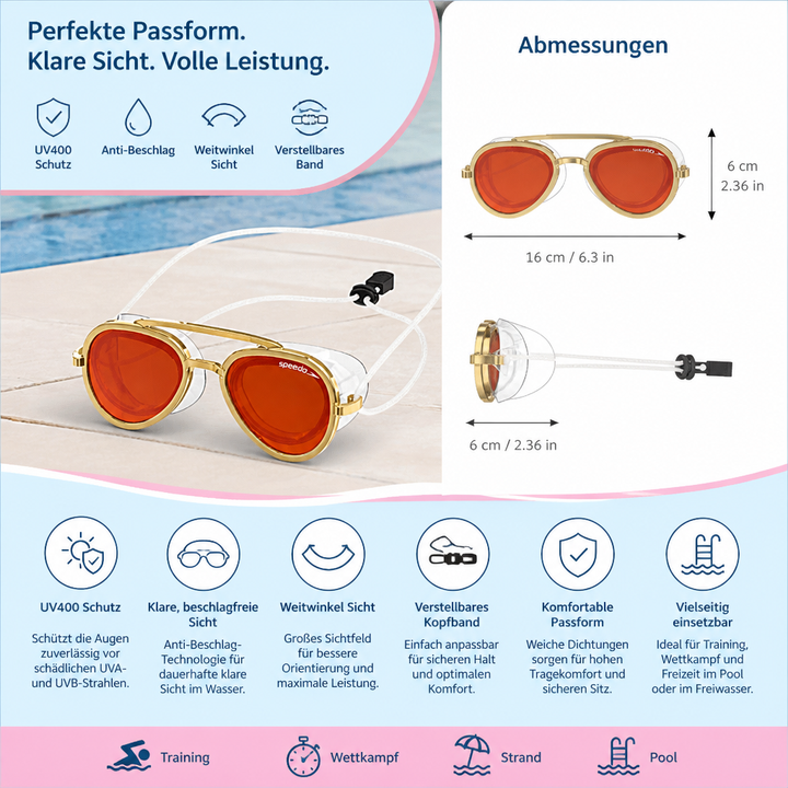 Komfortable Schwimmbrille für Männer & Frauen, mit verstellbarem Band, passend für jede Kopfgröße.