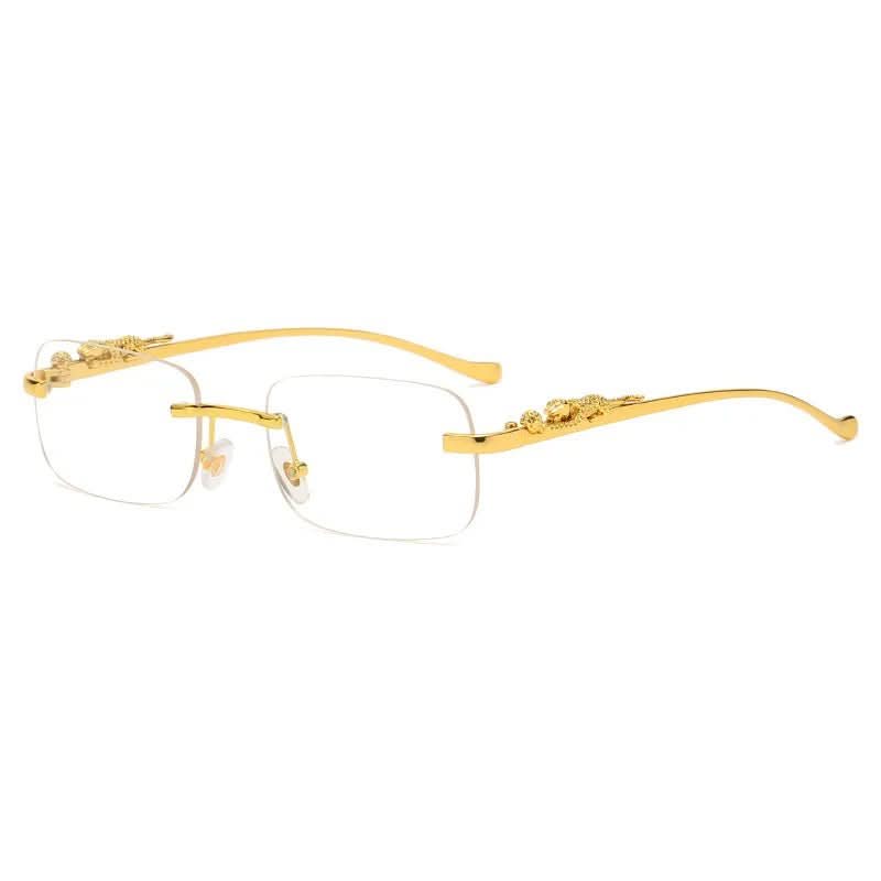 Modisches Accessoire: Randlose Sonnenbrille mit Leopardenkopf & UV400, unisex Design.