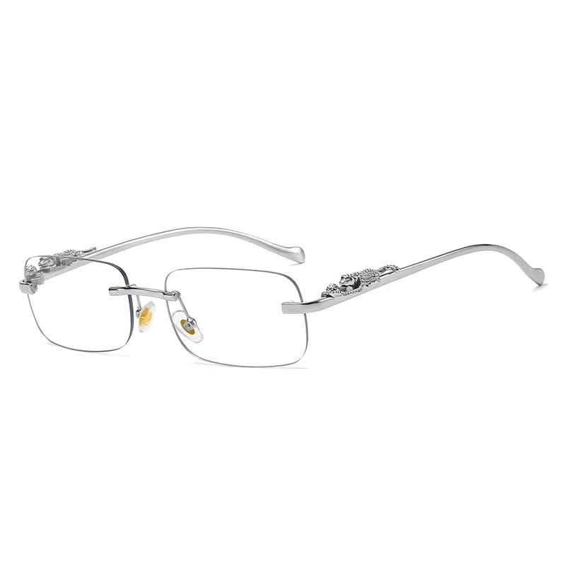Randlose Mode-Sonnenbrille mit Leopardenkopf-Akzent & UV400-Augenschutz, unisex.