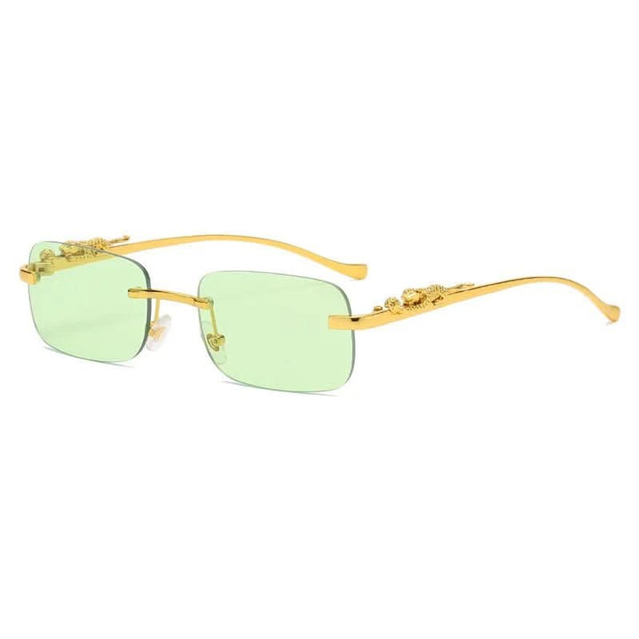 Randlose Sonnenbrille mit auffälligem Leopardenkopf-Motiv, unisex, UV400-Augenschutz.