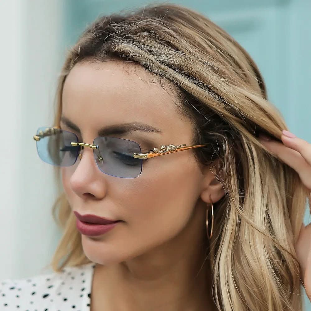 Leopardenkopf-Sonnenbrille, randlos, unisex, modisch und schützt die Augen vor UV-Strahlen.