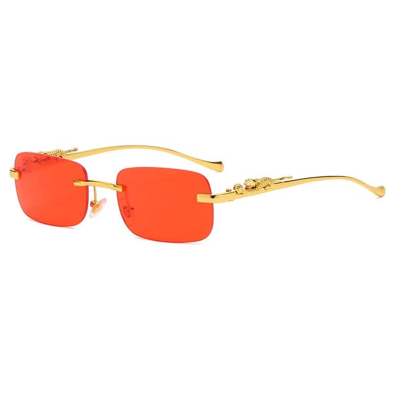 Sonnenbrille randlos, unisex, mit einzigartigem Leopardenkopf-Detail und UV400-Filter.
