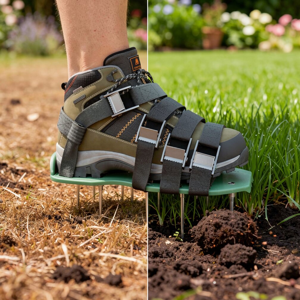 Unisex Rasenlüfter Schuhe mit Spikes für mühelose Rasenbelüftung und effektive Rasenpflege beim Gehen.