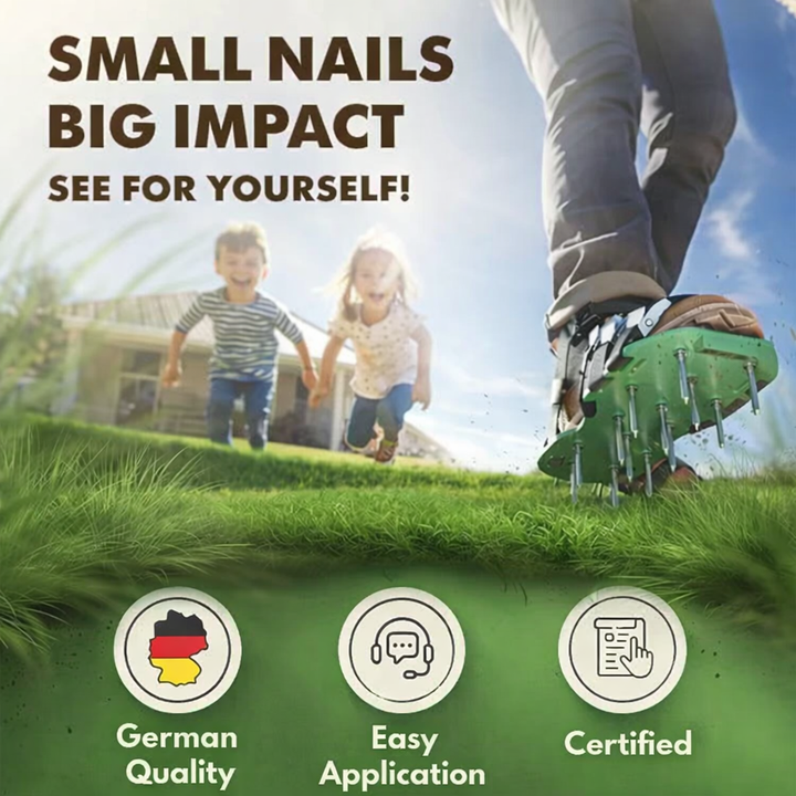Rasenpflege leicht gemacht: Rasenlüfter Schuhe mit Spikes für effiziente Bodenbelüftung beim Gehen.