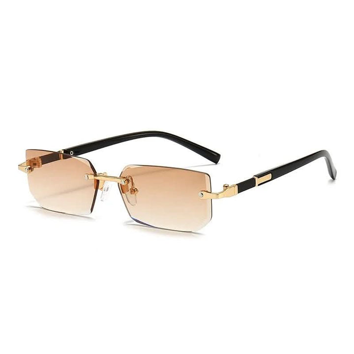 Nahaufnahme der randlosen rechteckigen Sonnenbrille mit dunklen Gläsern & UV400 Schutz. Unisex.