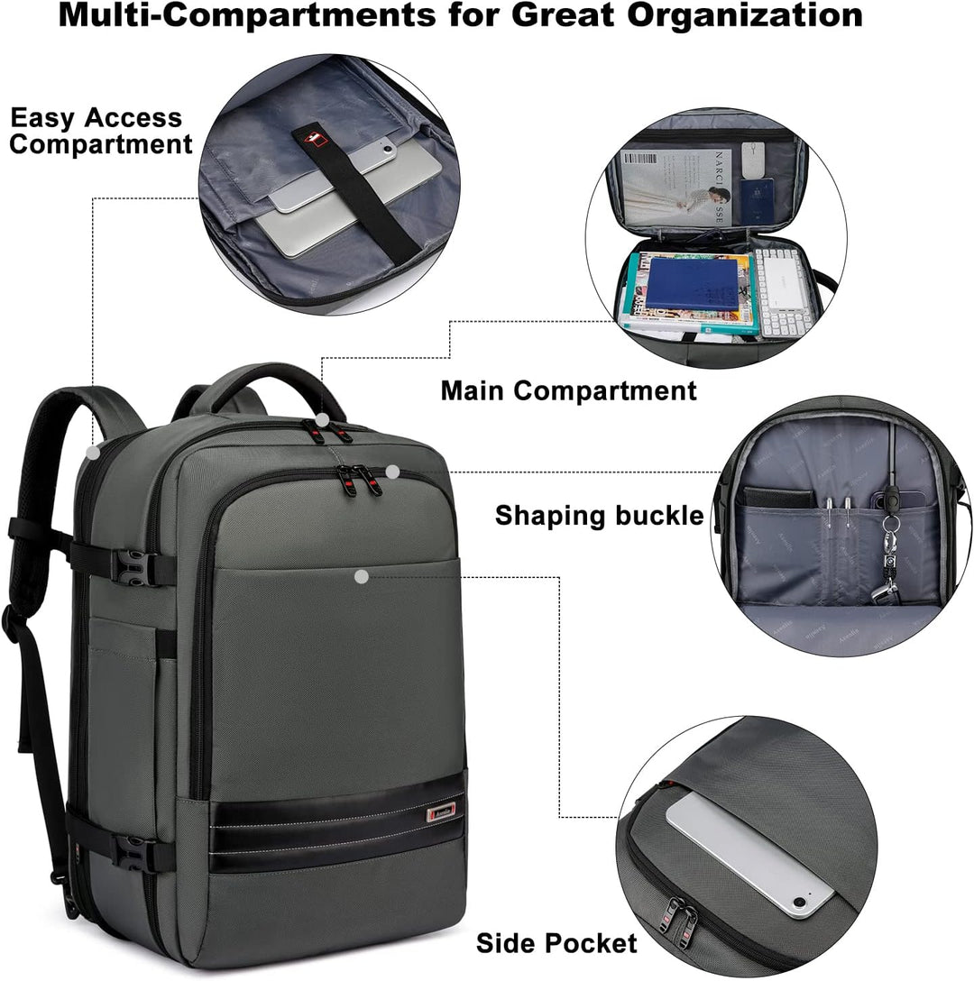 Unisex Reisender mit schwarzem, wasserdichtem Rucksack 45-55L am Flughafen. Ideales Handgepäck.