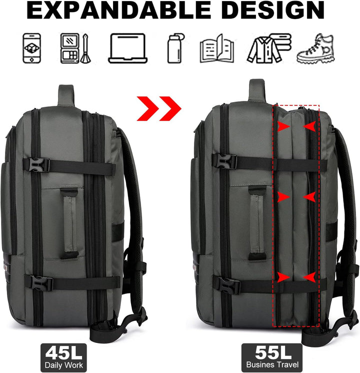 Reiserucksack 45-55L auf einem Bahnsteig, wasserdicht & erweiterbar, bereit für die nächste Entdeckungstour.