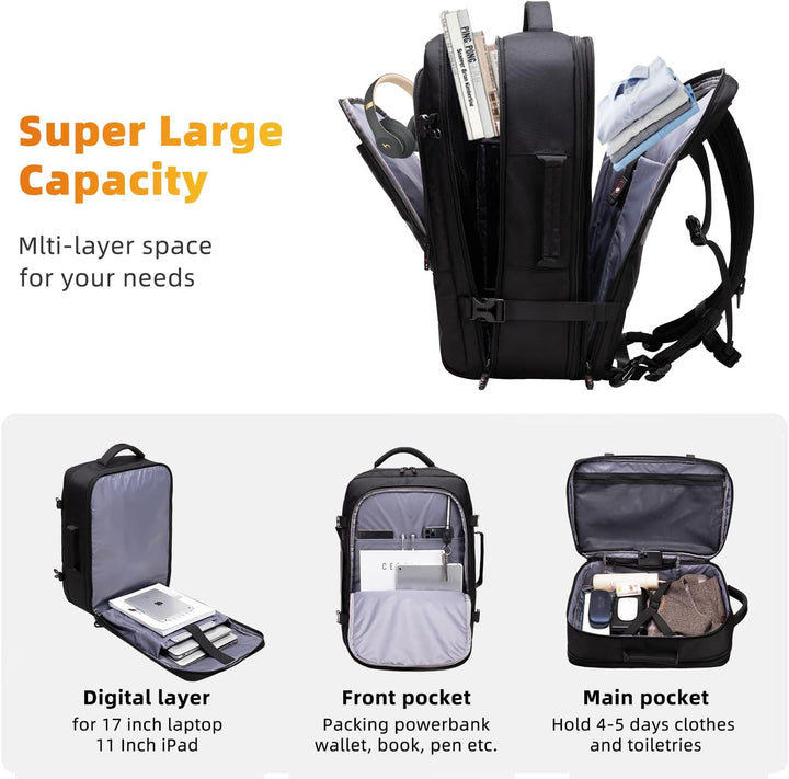 Erweiterbarer Handgepäck Rucksack 45-55L, wasserdicht, perfekt für flexible Reisen & Wochenendtrips.