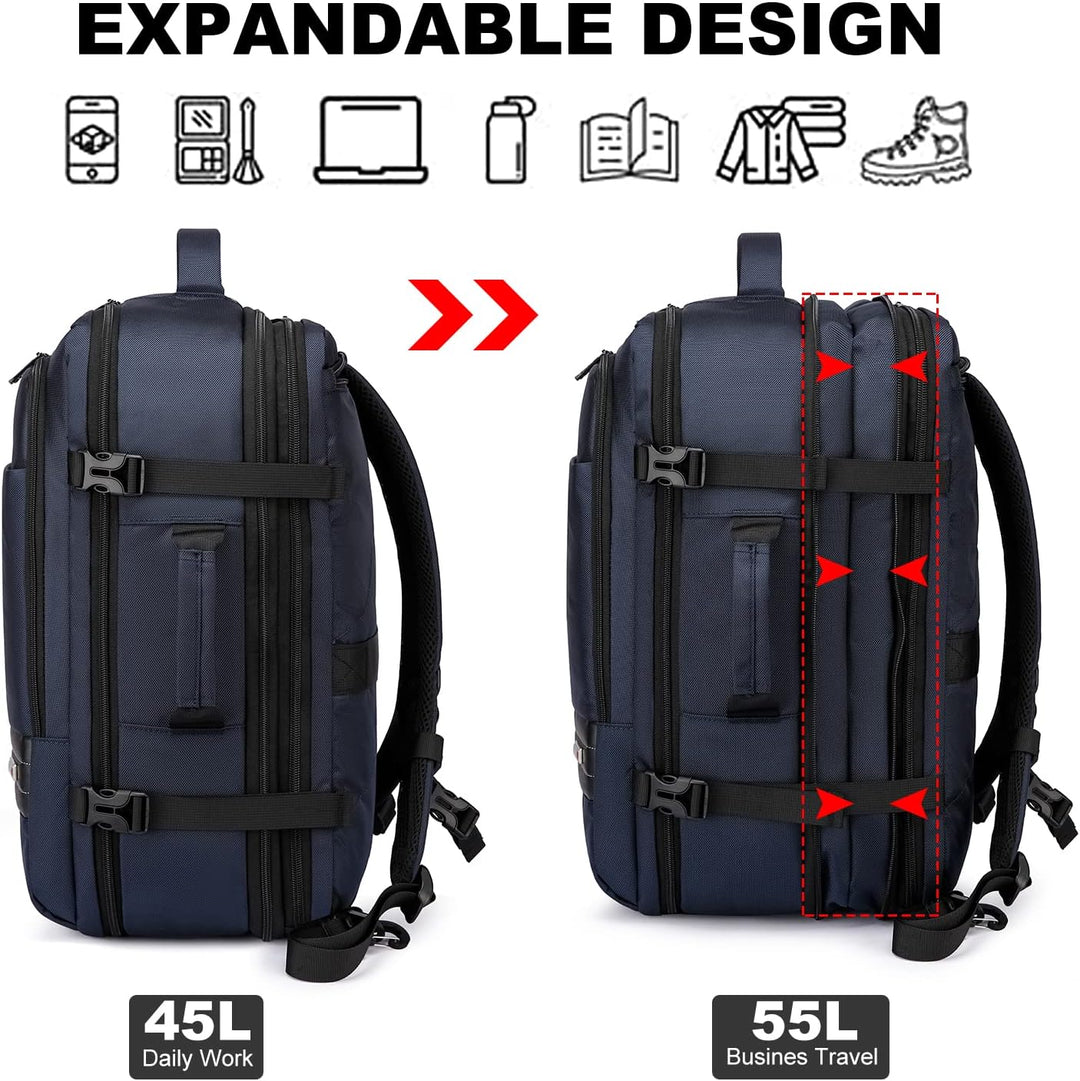 Ergonomischer Unisex Rucksack 45-55L, wasserdicht, erweiterbar, mit gepolstertem 46,5 cm Laptopfach.