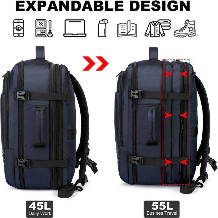 Ergonomischer Unisex Rucksack 45-55L, wasserdicht, erweiterbar, mit gepolstertem 46,5 cm Laptopfach.