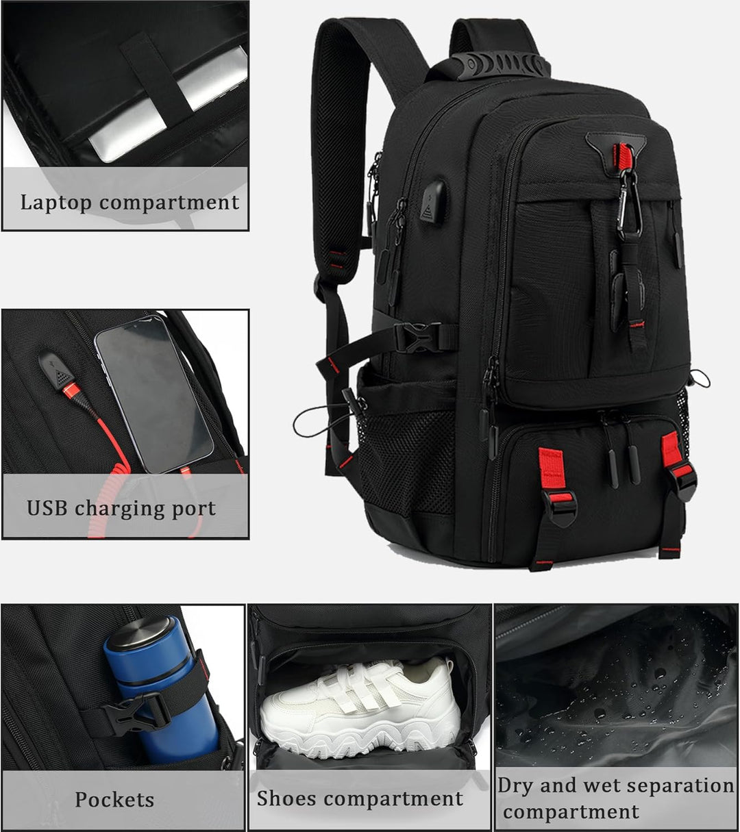 Vielseitiger 60L Rucksack mit USB-Anschluss & integriertem Schuhfach. Perfekt für Reisen & Outdoor-Abenteuer.