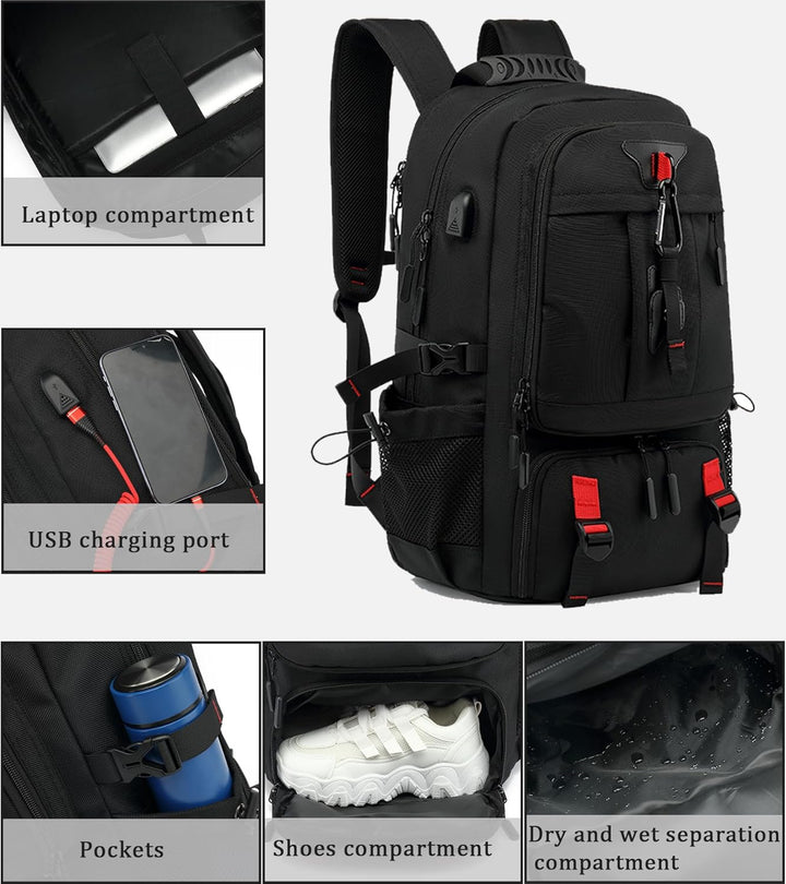 Vielseitiger 60L Rucksack mit USB-Anschluss & integriertem Schuhfach. Perfekt für Reisen & Outdoor-Abenteuer.