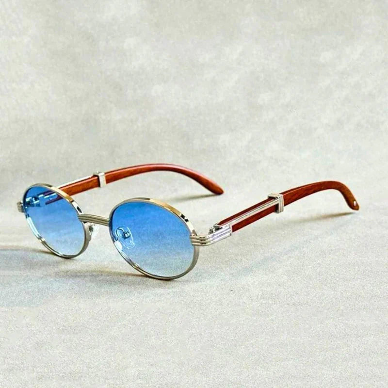Detailansicht der Retro Holzsonnenbrille mit eleganter Holzmaserung und robustem UV-Schutzglas.