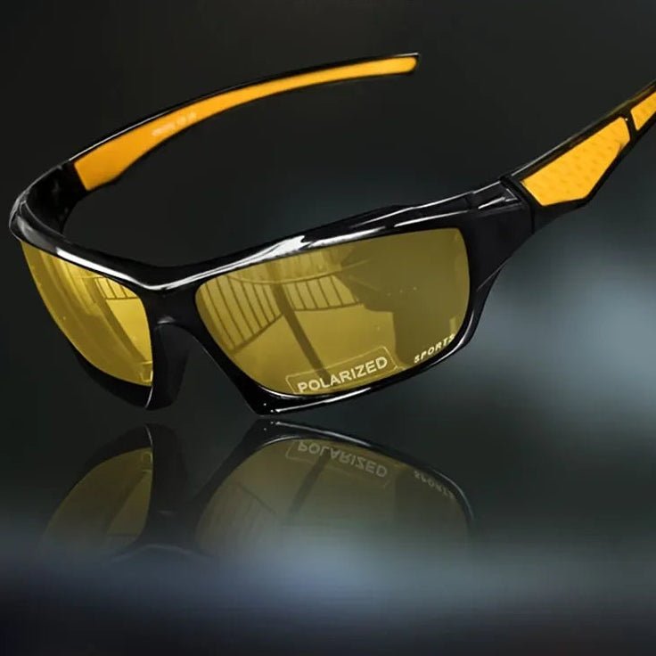 Nahaufnahme der runden polarisierten Sonnenbrille mit UV400 Schutz und elegantem Metallrahmen. Augenschutz.