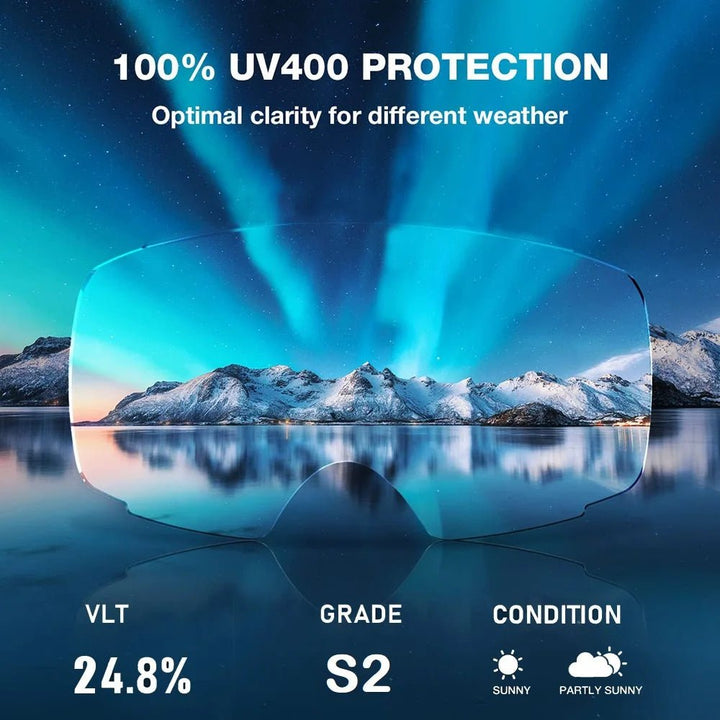 Hochwertige Skibrille mit klaren Wechselgläsern. Bietet UV-Schutz und Antibeschlag für Wintersportler.