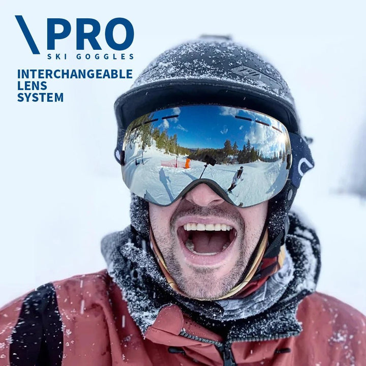 Robuste Skibrille mit Polycarbonat-Wechselgläsern für sicheren UV400-Schutz im Schnee. Antibeschlag-System.