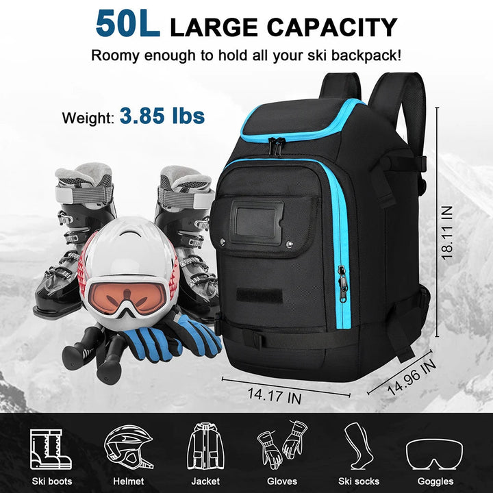 Detailansicht: Wasserdichter 50L Skischuhrucksack mit separaten Fächern. Perfekt für Skiausrüstung & Outdoor-Gepäck.