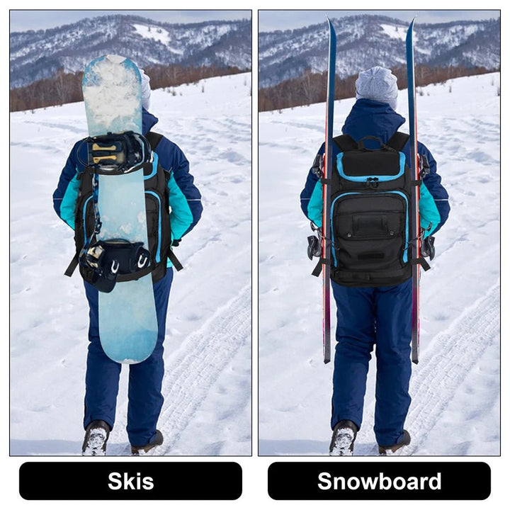 Unisex Skischuhrucksack 50L, wasserdicht, im Einsatz. Person trägt Rucksack im Schnee für Skiausrüstung & Wintersport.