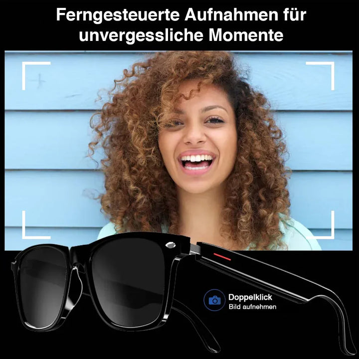 Smart-Brille mit integrierter Kamera für Fotos & Videos. Bluetooth Audio und Freisprechfunktion für unterwegs.