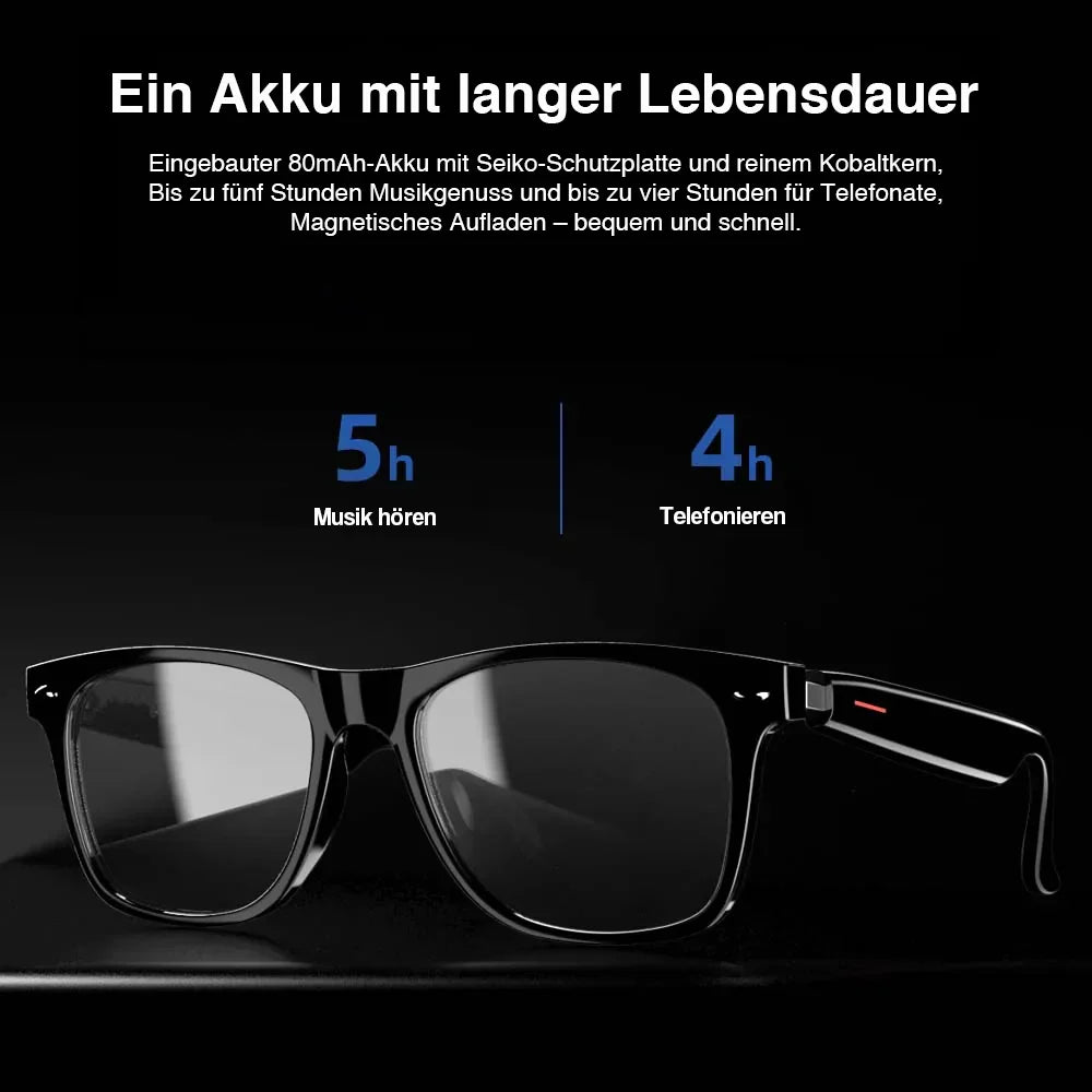 Smart-Brille mit klarem Bluetooth Audio für Musik & Anrufe. Schnelle Verbindung mit Smartphones, praktisch & stilvoll.
