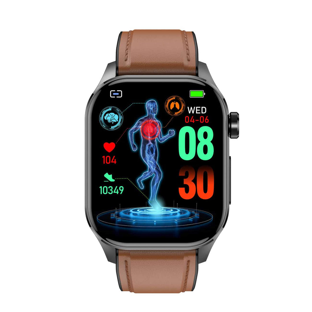 Nahaufnahme der Smartwatch: Bildschirm mit EKG-Ergebnissen und Herzfrequenzdaten angezeigt.