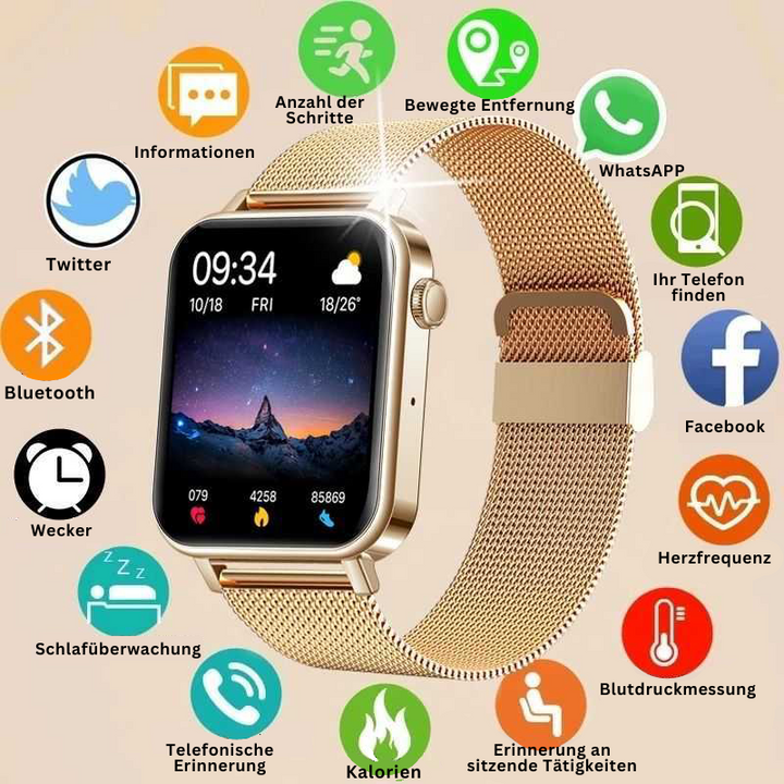 Rosa Smartwatch Fitnessuhr für Damen & Herren. Gesundheitstracker, Sportuhr & Anrufuhr mit Nachrichtenfunktion.