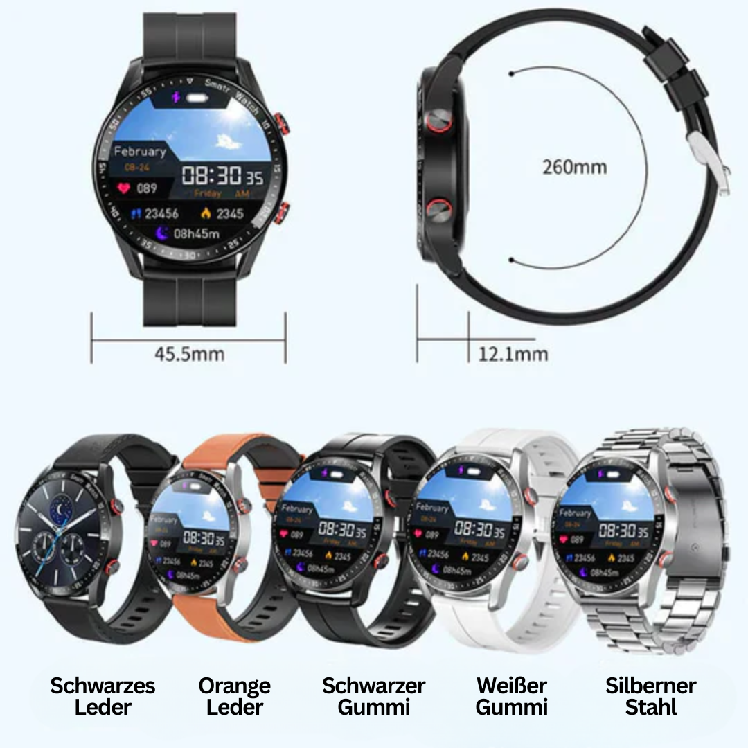 Intuitive Smartwatch-Benutzeroberfläche zeigt Blutzucker, Herzfrequenz und Schritte an.