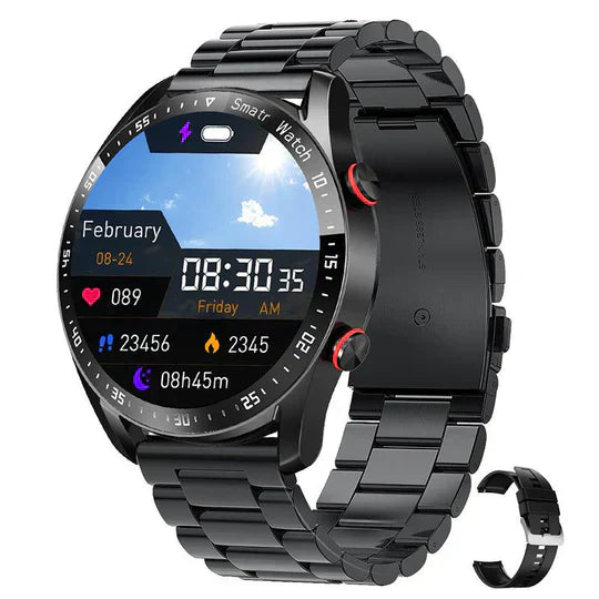 Sportliche Smartwatch mit detaillierter Blutzucker- und Herzfrequenzüberwachung beim Training.