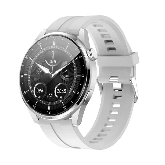 Unisex Smartwatch, silbernes Gehäuse, mit Blutdruck-, Blutzucker- und Herzfrequenzmessung.