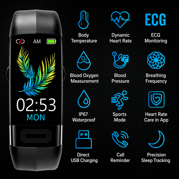 Detail der Smartwatch: EKG-Messung am Handgelenk für präzises Herzfrequenz-Tracking.