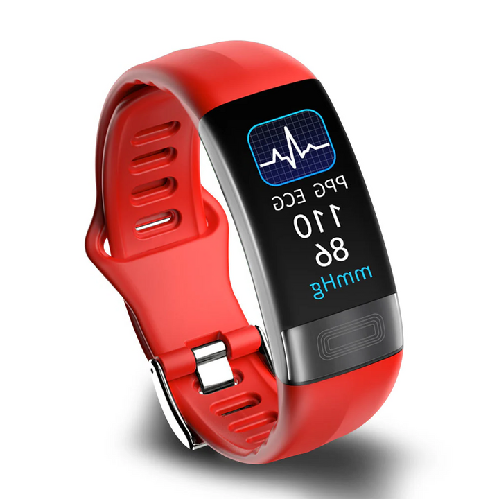Unisex Smartwatch mit EKG, Herzfrequenz, Blutdruck & Schlaf-Tracker auf schwarzem Silikonarmband.