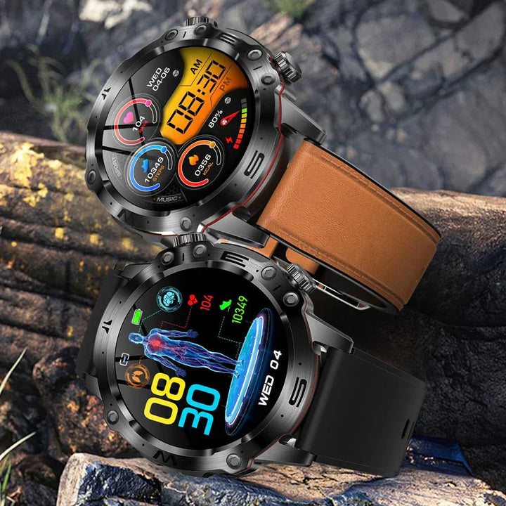 Unisex Smartwatch am Handgelenk im Alltag; misst Glukose, EKG, Blutdruck & Schritte.