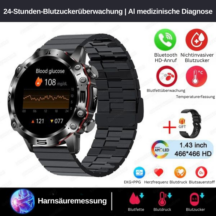 Hochwertige Unisex Smartwatch mit Glukose- & EKG-Messung in Verpackung; Ihr neuer Gesundheitspartner.